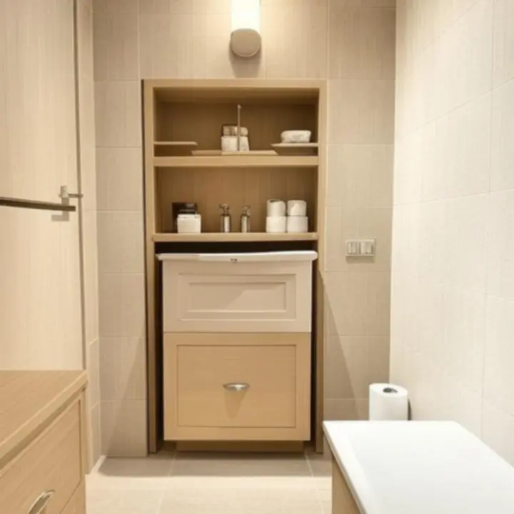 Łazienka z funkcjonalnymi meblami i subtelnymi dodatkami.