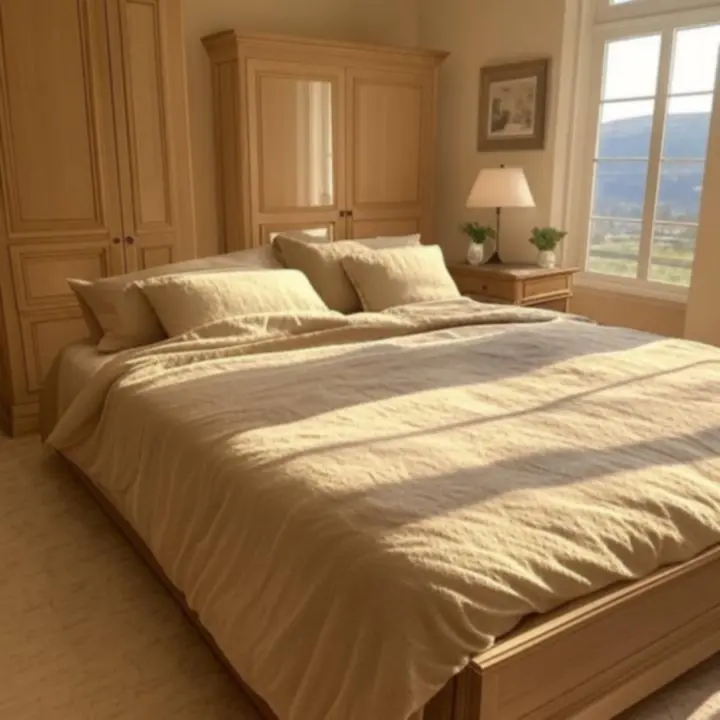 Przytulna sypialnia z łóżkiem, szafą i dekoracjami.