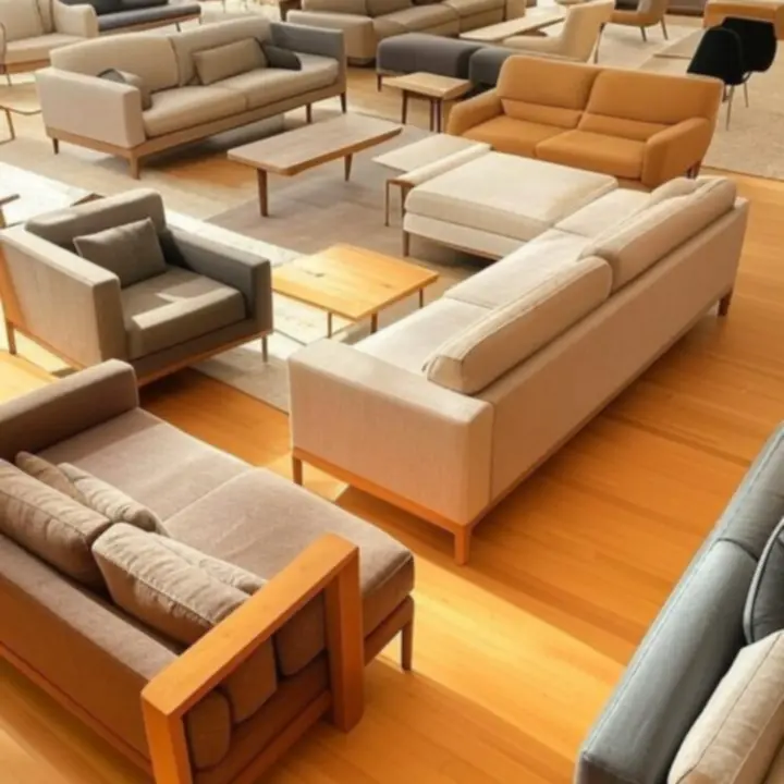 Nowoczesne aranżacje salonu z sofą, stolikiem i regałem prezentujące katalog mebli MeblooCraft.