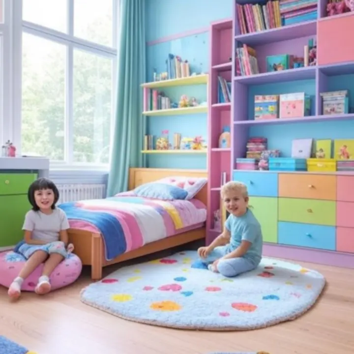 Kolorowy pokój dziecięcy z łóżkiem, szafkami i dekoracjami.