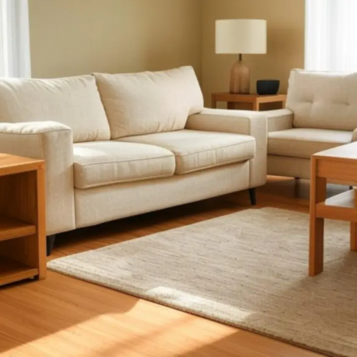 Zestaw dopasowanych mebli – sofa, stolik i regał w spójnym stylu.